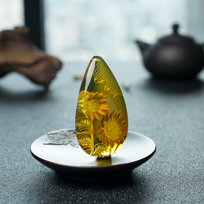 天然墨西哥蓝珀向日葵吊坠-红掌柜