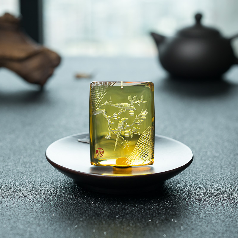 墨西哥天然蓝珀喜上眉梢吊坠-红掌柜