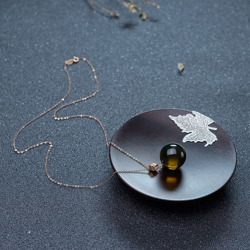 18K天然墨西哥蓝珀圆珠项链-红掌柜