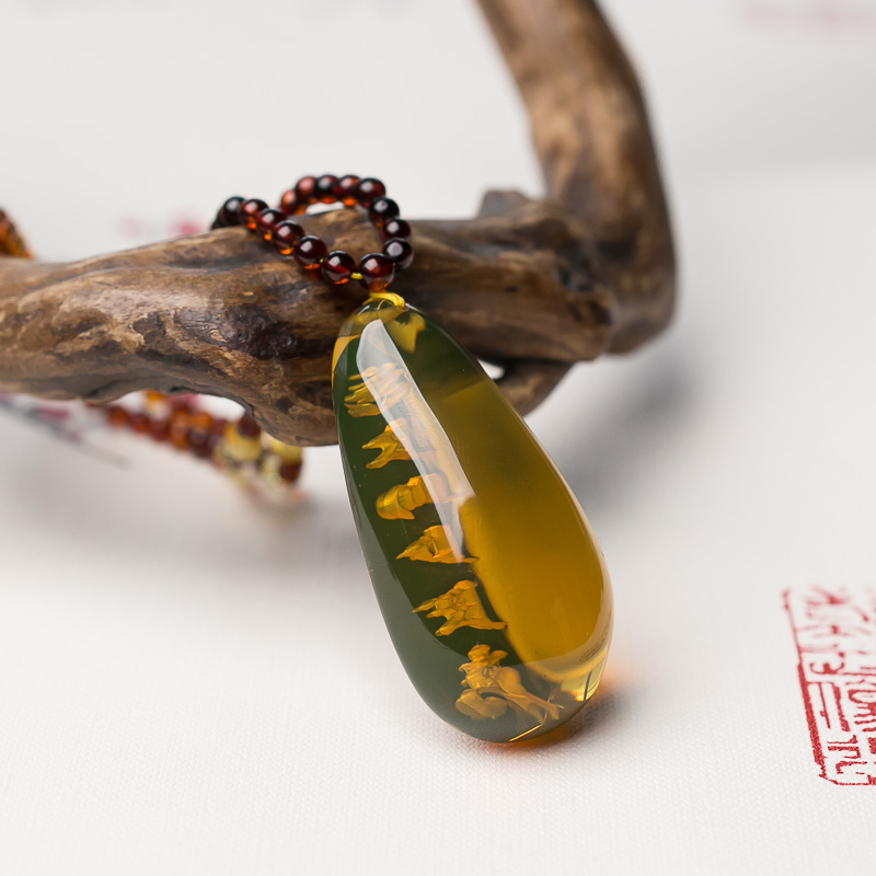  天然墨西哥蓝珀六字真言项链-红掌柜