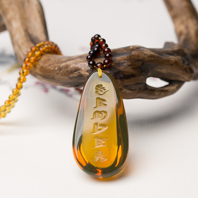  墨西哥天然蓝珀六字真言项链-红掌柜
