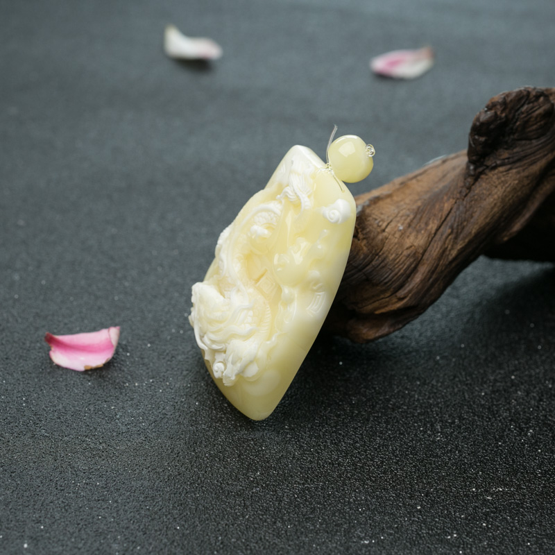 天然白花蜜蜡龙牌吊坠-红掌柜