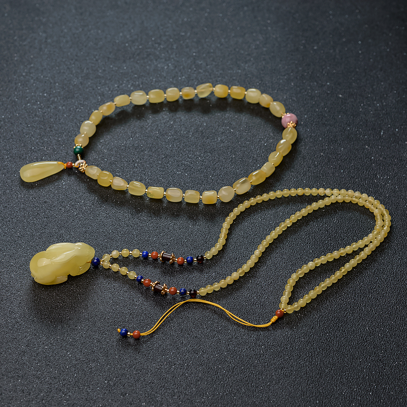 天然浅黄蜜蜡兔子项链/多圈手串套装-红掌柜