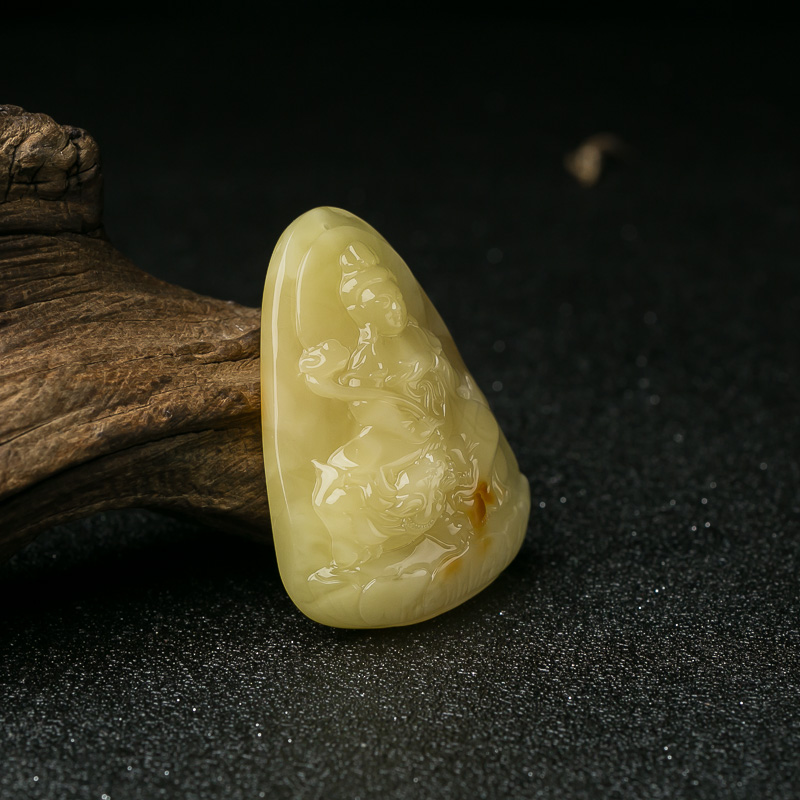 鸡油黄蜜蜡文殊菩萨挂坠-红掌柜