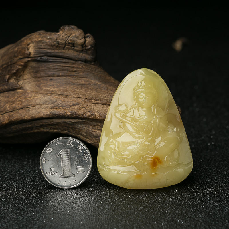 鸡油黄蜜蜡文殊菩萨挂坠-红掌柜