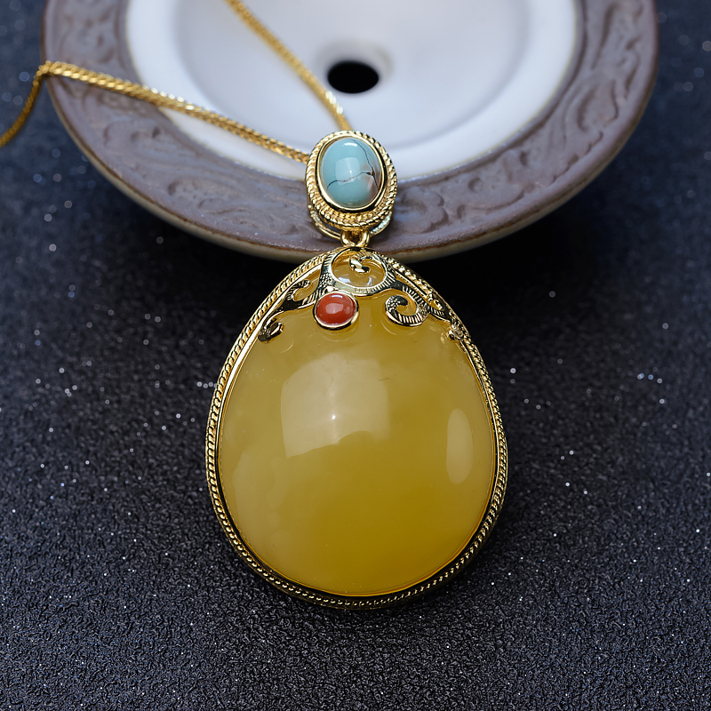 鸡油黄蜜蜡水滴吊坠-红掌柜