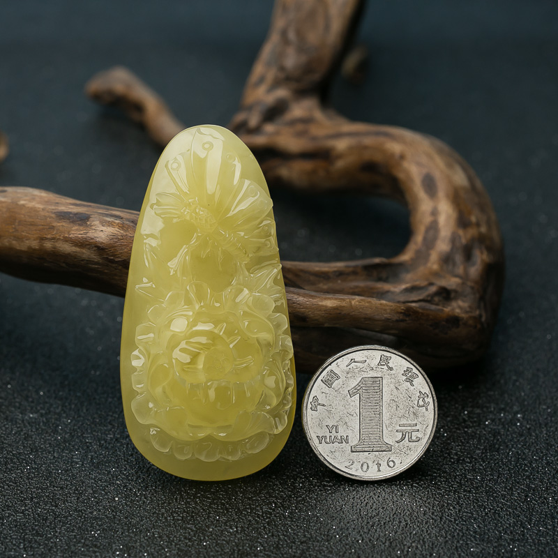 柠檬黄蜜蜡蝶恋花挂坠-红掌柜