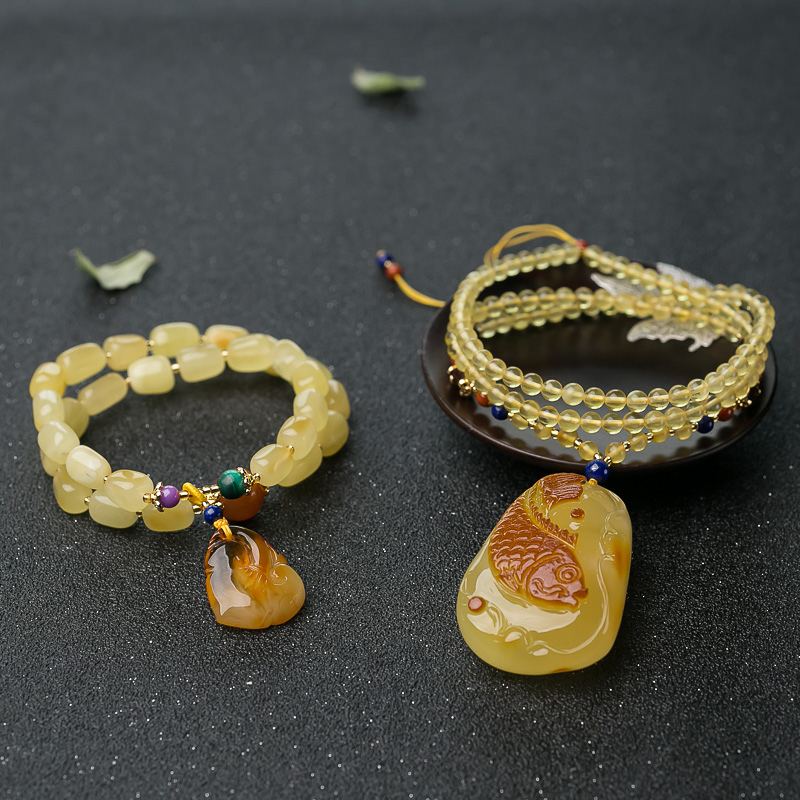 带皮俏色蜜蜡鱼牌项链/多圈手串套装-红掌柜