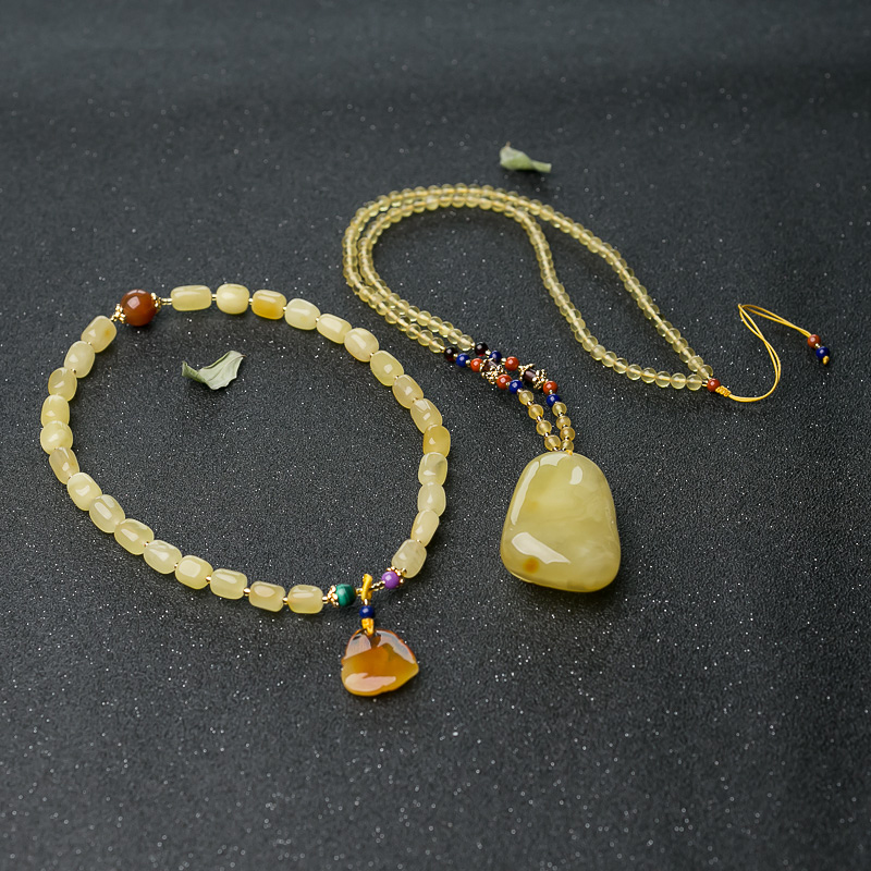 带皮蜜蜡鱼牌项链/多圈手串套装-红掌柜