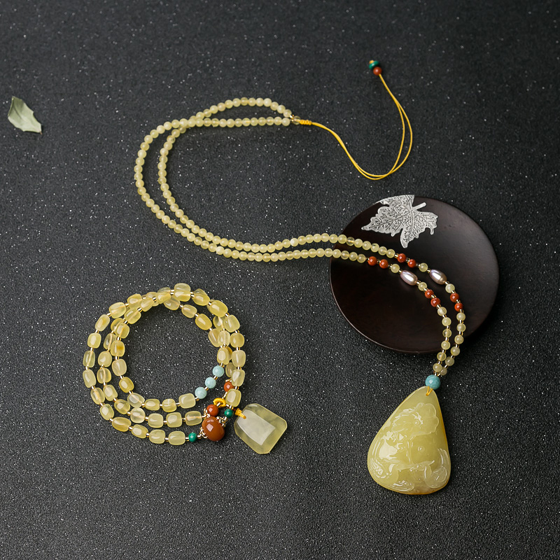 带皮柠檬黄蜜蜡鸳鸯项链/多圈手串套装-红掌柜