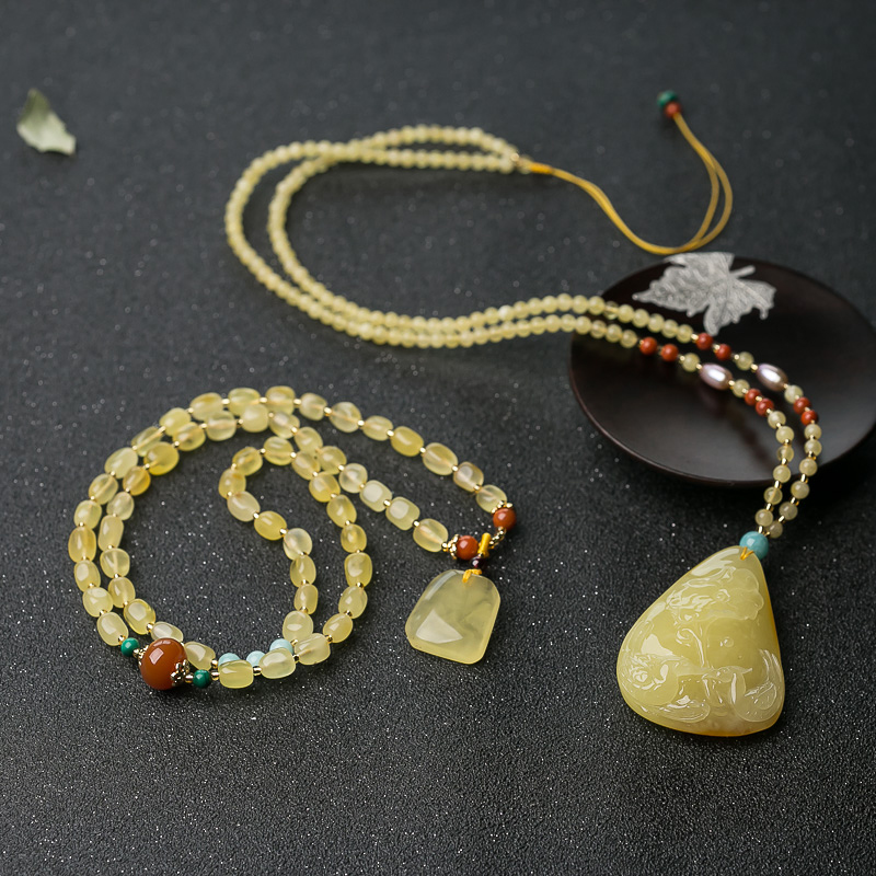 柠檬黄蜜蜡鸳鸯项链/多圈手串套装-红掌柜