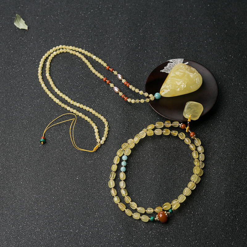 带皮蜜蜡鸳鸯项链/多圈手串套装-红掌柜