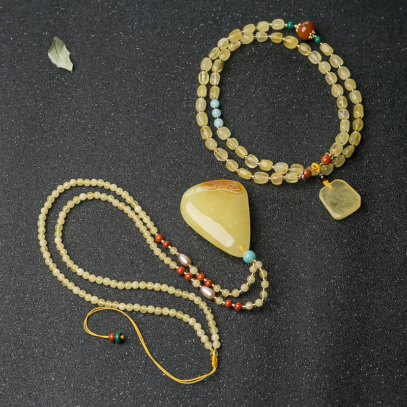 带皮柠檬黄蜜蜡项链/多圈手串套装-红掌柜