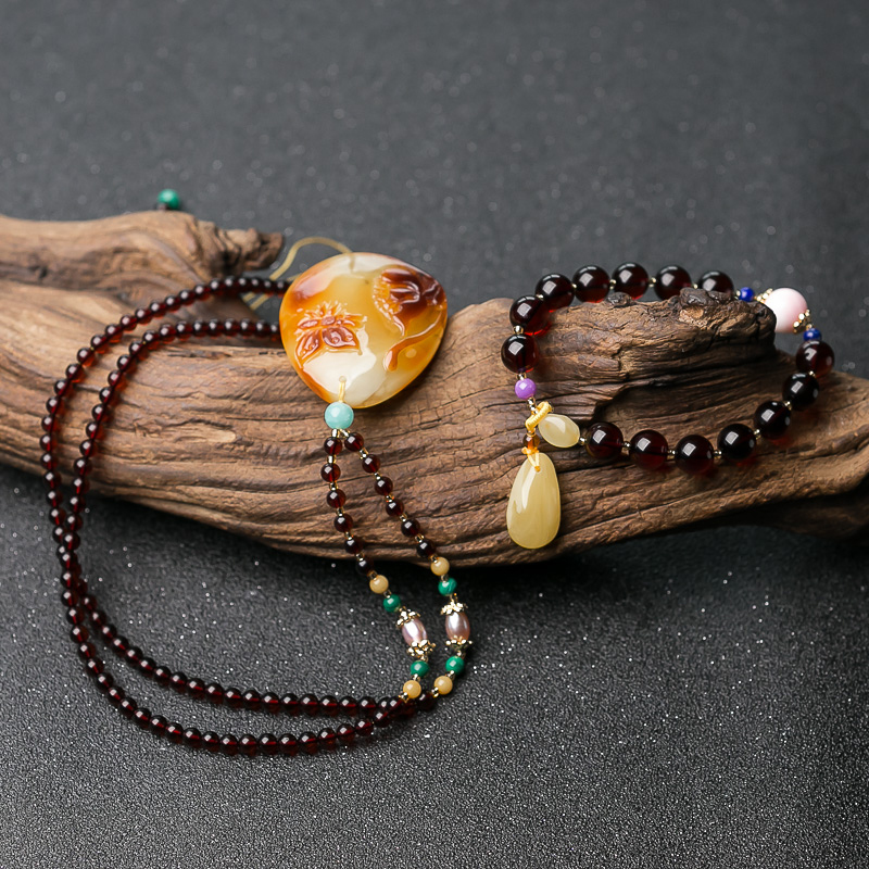 带皮蜜蜡项链/单圈手串套装-红掌柜