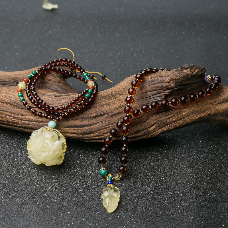 浅黄蜜蜡牡丹花项链/多圈手串套装-红掌柜