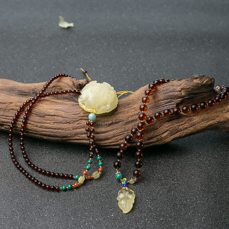 蜜蜡牡丹花项链/多圈手串套装-红掌柜