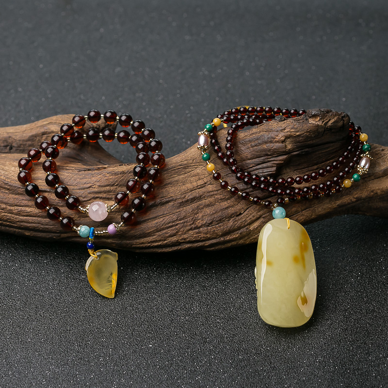 天然带皮蜜蜡吊坠/多圈手串套装-红掌柜