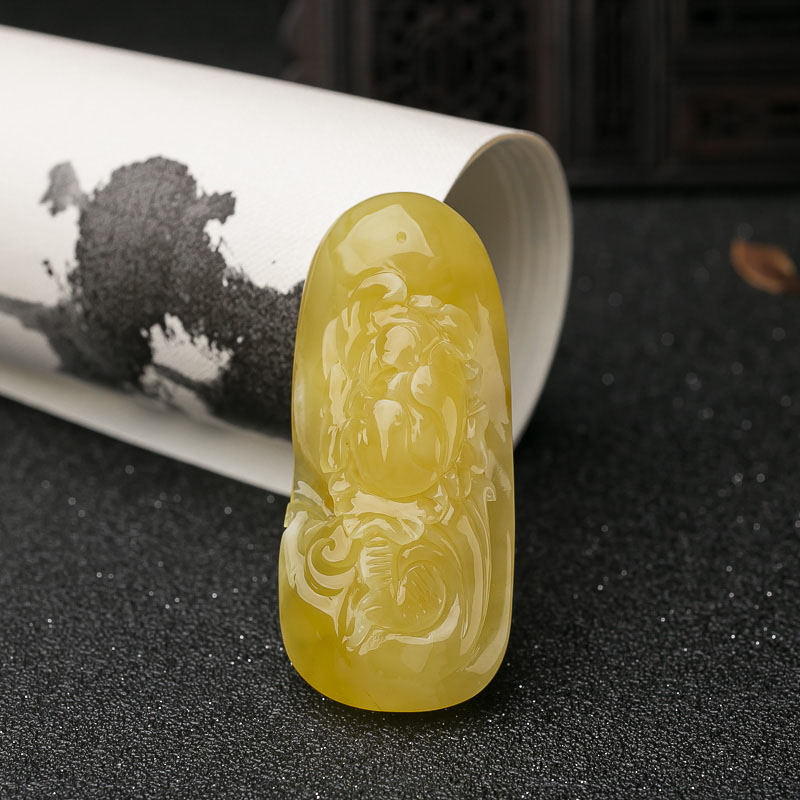 鸡油黄蜜蜡花开富贵吊坠-红掌柜