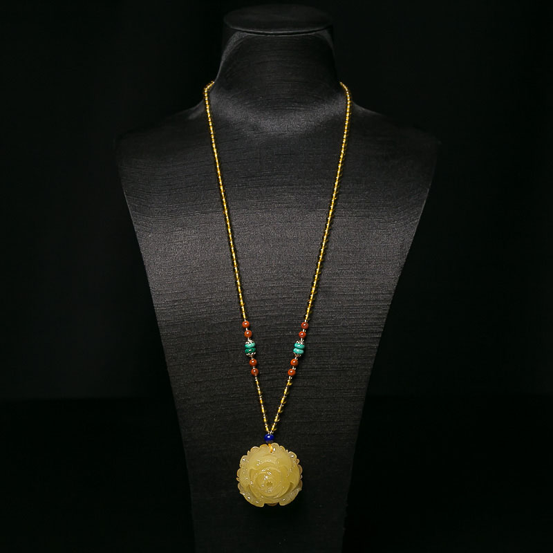 带皮鸡油黄蜜蜡牡丹花项链-红掌柜