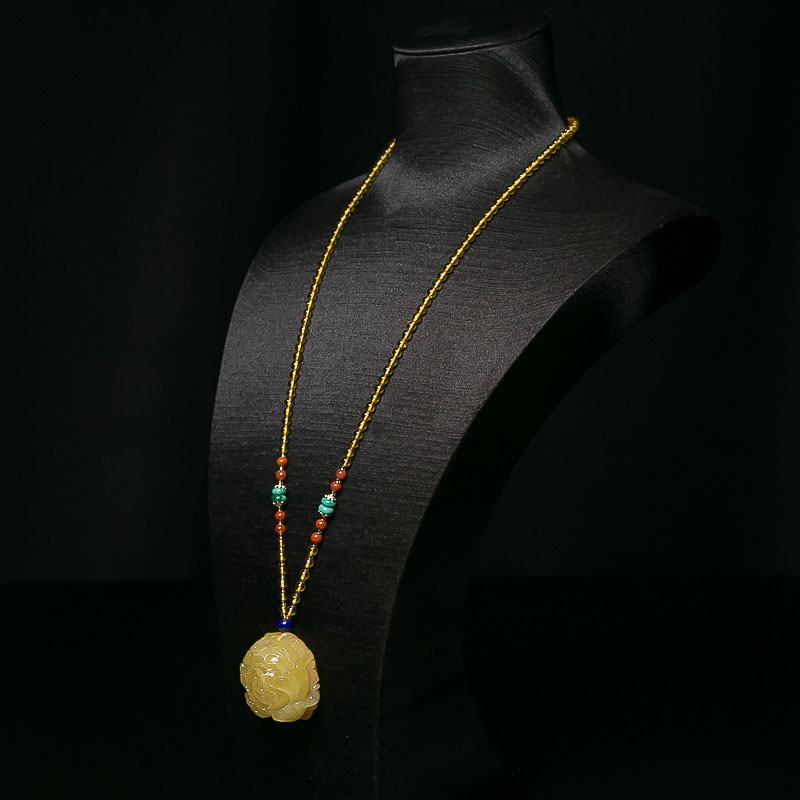 鸡油黄蜜蜡牡丹花项链-红掌柜