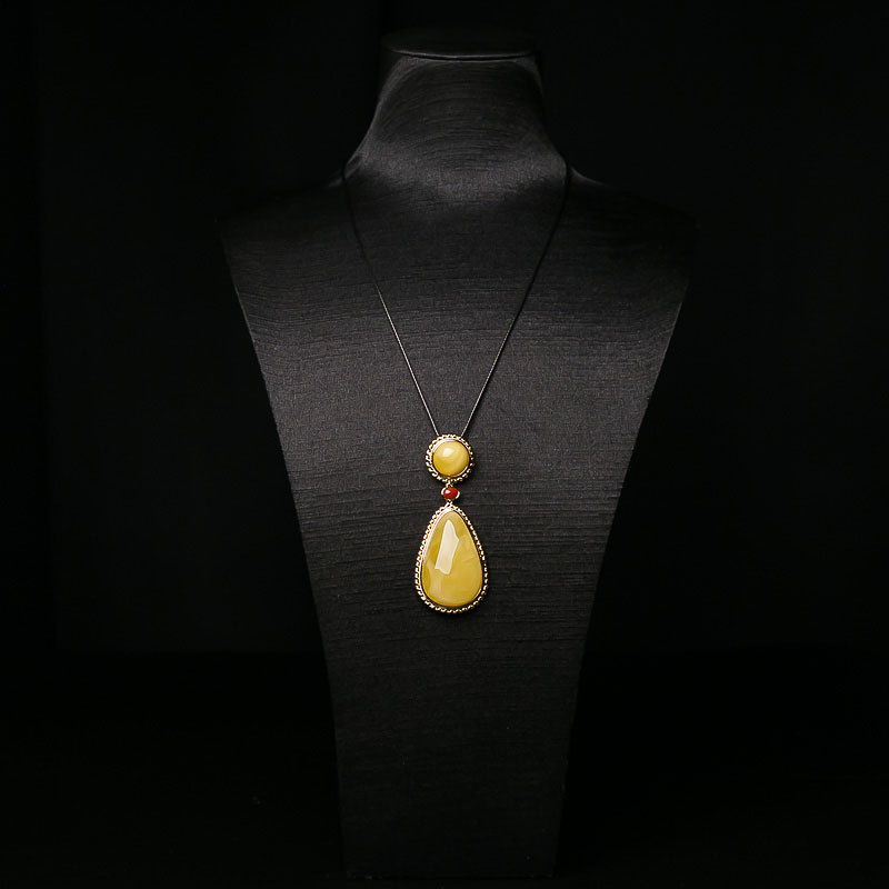 波罗的海天然银镶鸡油黄蜜蜡水滴吊坠-红掌柜