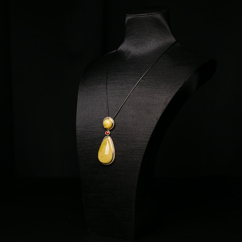 天然银镶鸡油黄蜜蜡水滴吊坠-红掌柜
