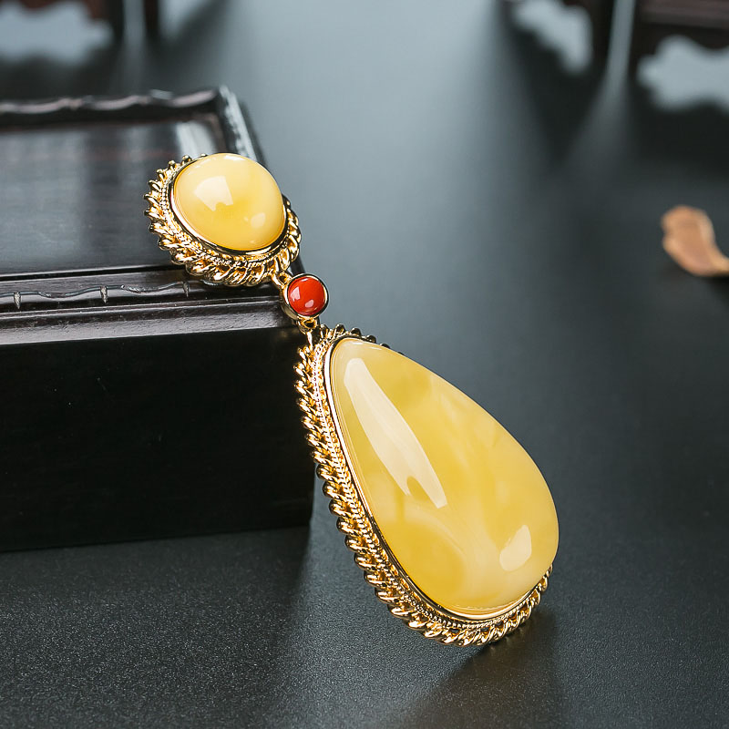 波罗的海天然银镶蜜蜡水滴吊坠-红掌柜