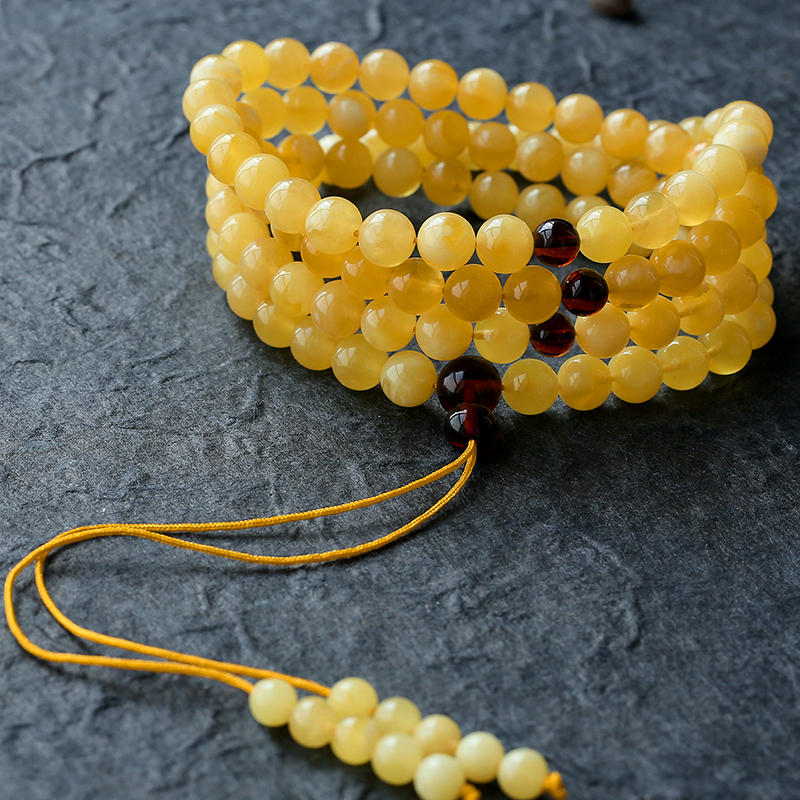 鸡油黄蜜蜡108佛珠 - 红掌柜珠宝