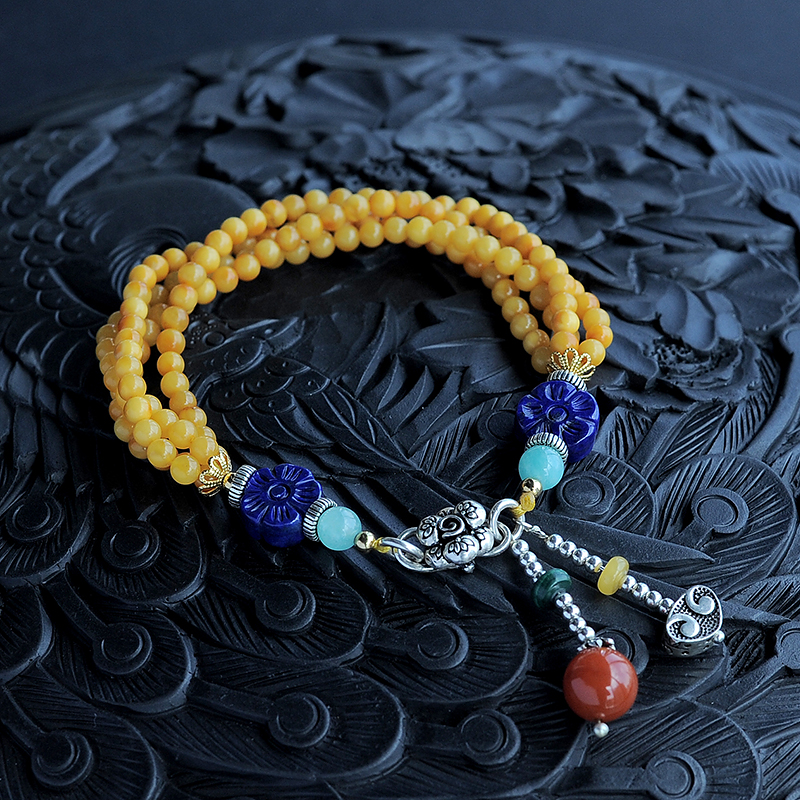 青金石搭配蜜蜡手串-红掌柜