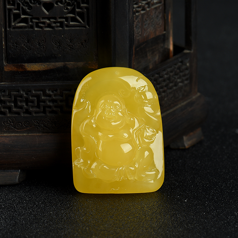 鸡油黄蜜蜡弥勒佛吊坠-红掌柜