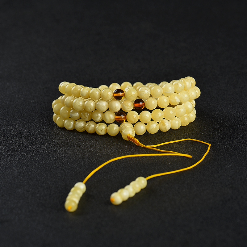 波罗的海天然浅黄白花蜜108佛珠-红掌柜
