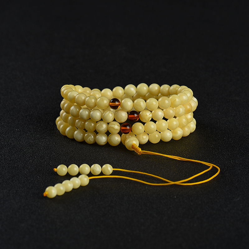 波罗的海天然浅黄白花蜜108佛珠-红掌柜