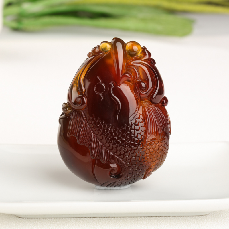 天然棕珀年年有鱼吊坠-红掌柜