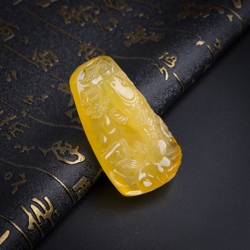 鸡油黄蜜蜡鱼跃龙门吊坠-红掌柜