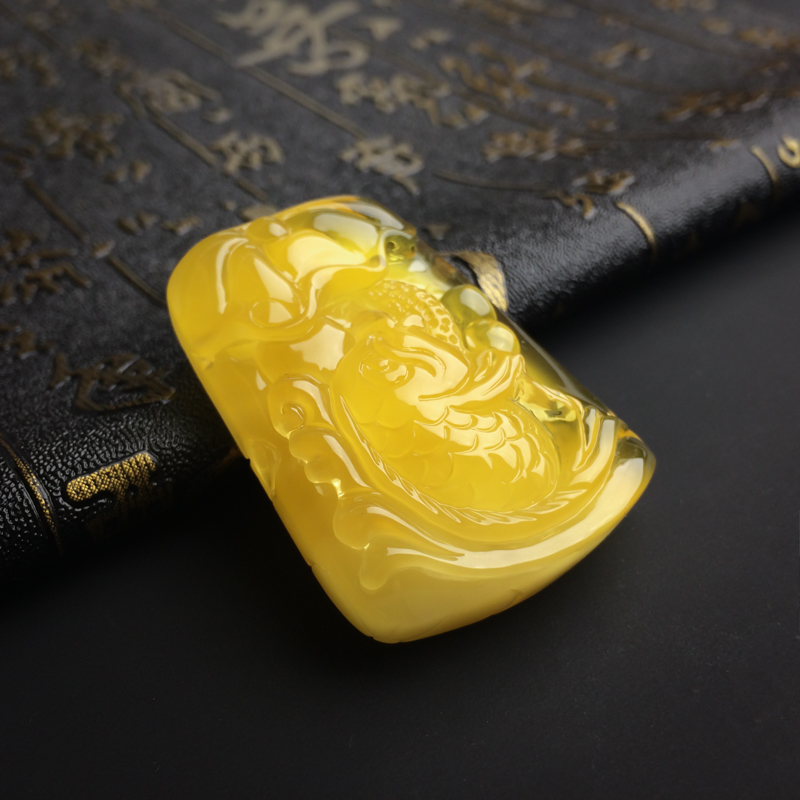 天然金包蜜鸡油黄蜜蜡连年有余吊坠 - 红掌柜