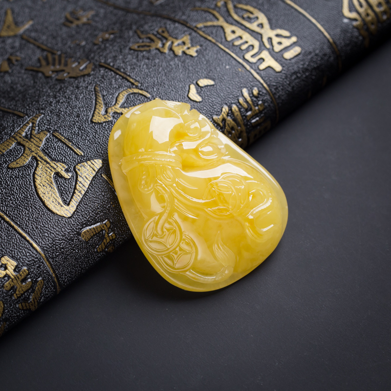 天然鸡油黄蜜蜡代代有钱吊坠-红掌柜