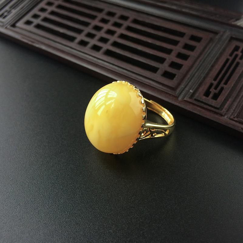 天然银镀金鸡油黄蜜蜡开口戒指 - 红掌柜