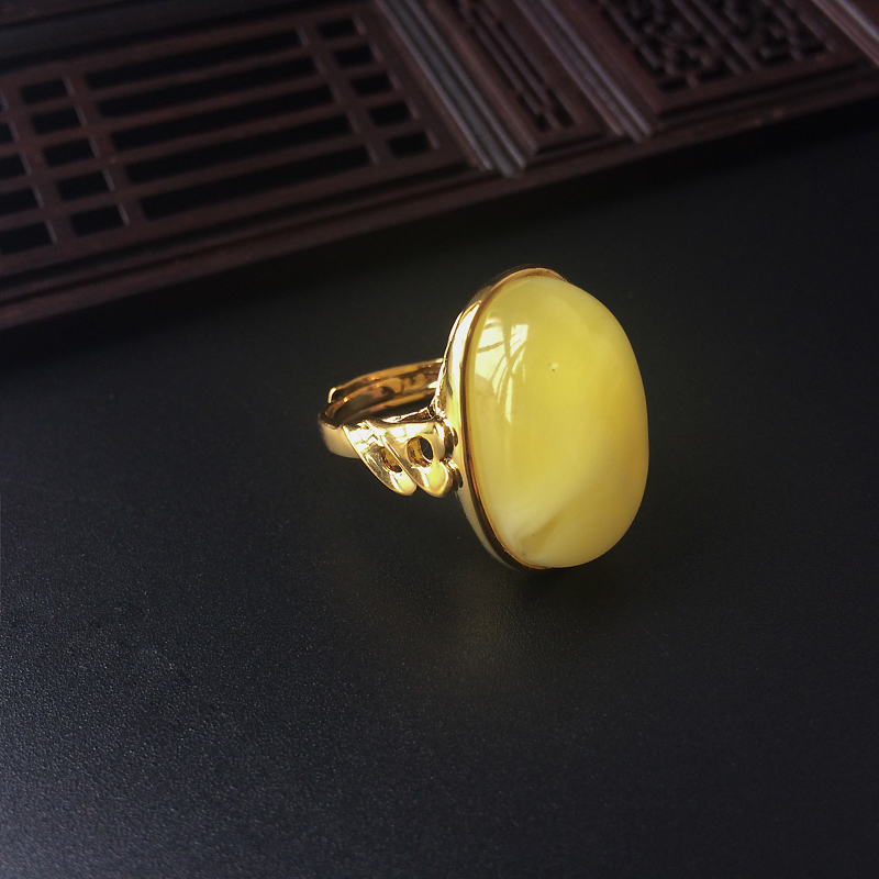 天然银镀金鸡油黄蜜蜡开口戒指 - 红掌柜
