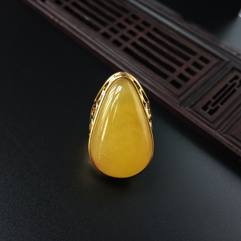 波罗的海天然银镀金鸡油黄蜜蜡开口戒指 - 红掌柜