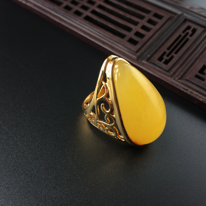 天然银镀金满黄蜜蜡开口戒指 - 红掌柜