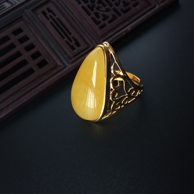 银镀金满黄蜜蜡开口戒指 - 红掌柜