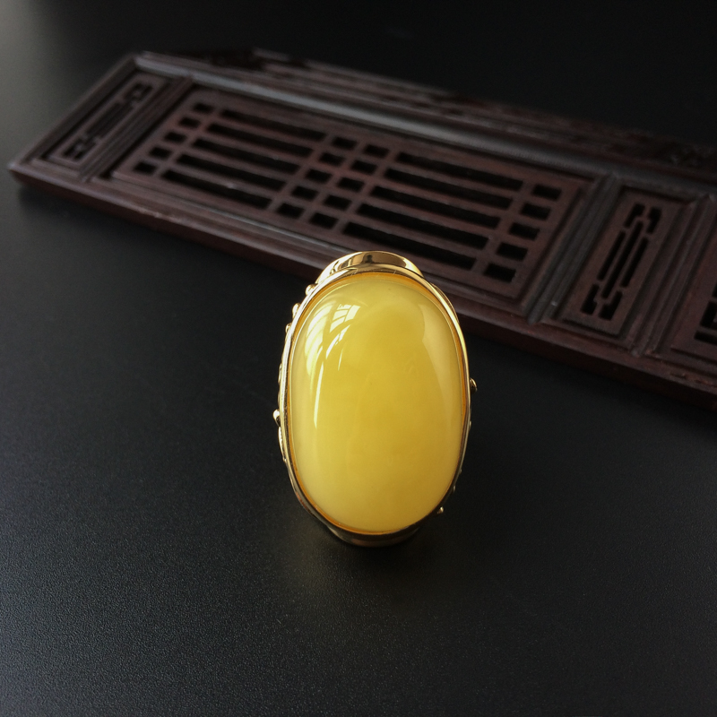 波罗的海天然银镀金鸡油黄蜜蜡开口戒指 - 红掌柜