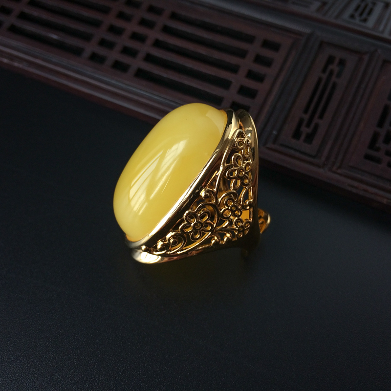 天然银镀金鸡油黄蜜蜡开口戒指 - 红掌柜