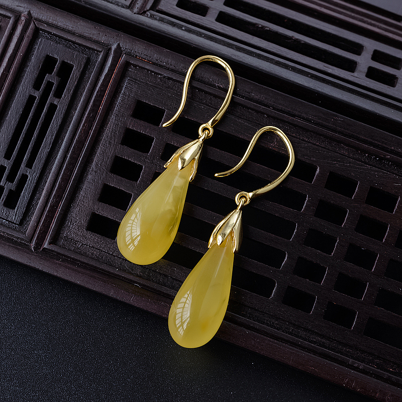 波罗的海天然银镀金水滴蜜蜡耳环 - 红掌柜