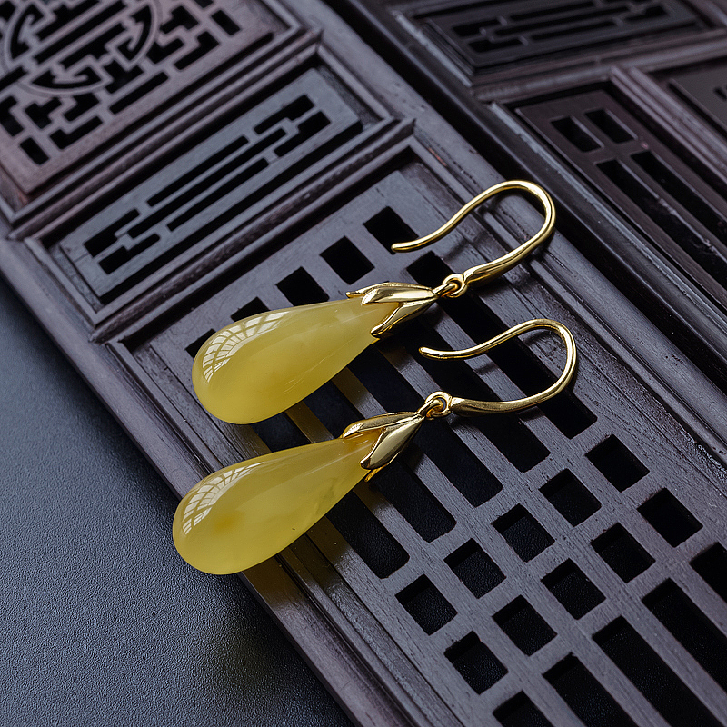 天然银镀金水滴蜜蜡耳环 - 红掌柜