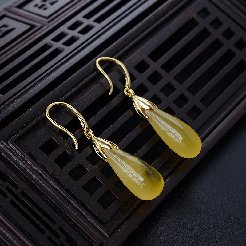 银镀金水滴蜜蜡耳环 - 红掌柜