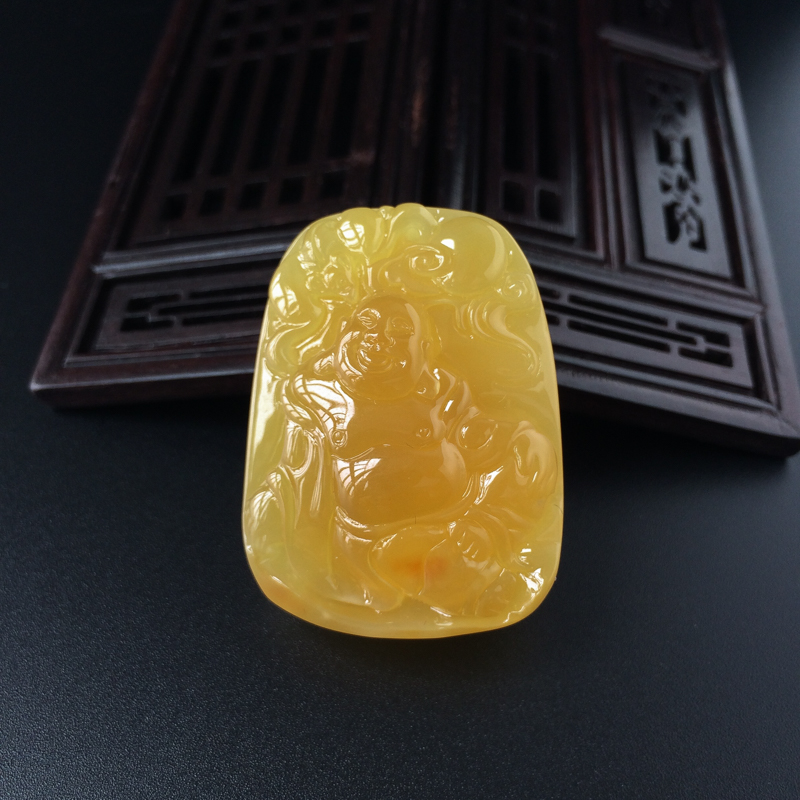 天然金包蜜鸡油黄蜜蜡佛吊坠-红掌柜