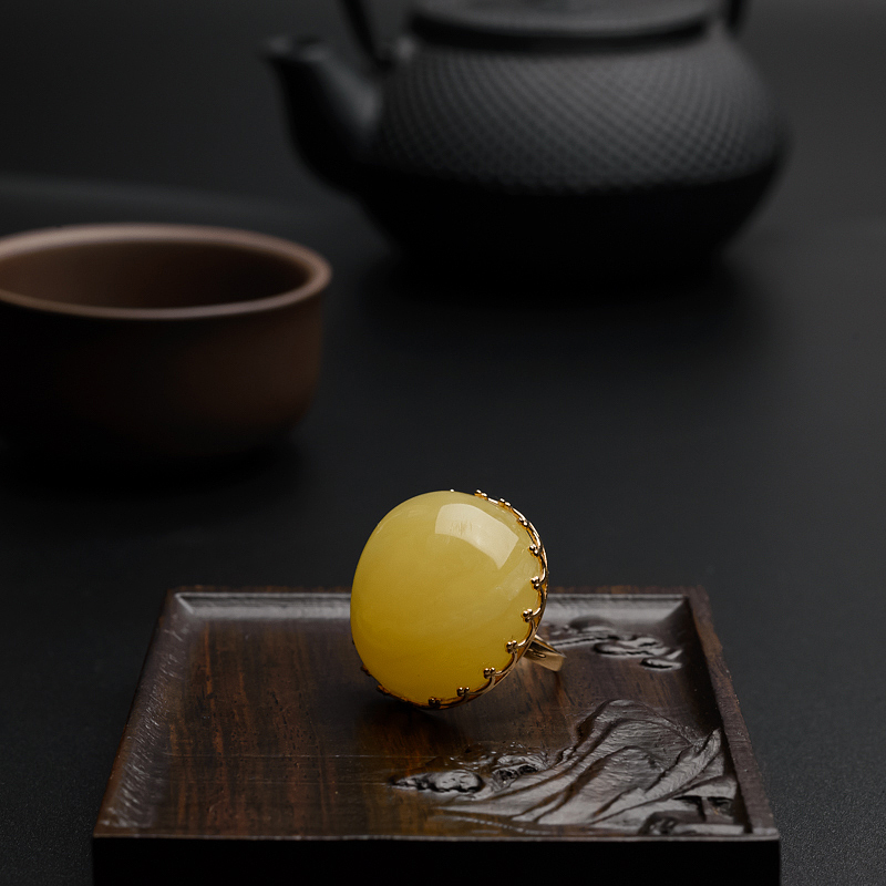 天然银镀金镶满蜜鸡油黄蜜蜡戒指 - 红掌柜