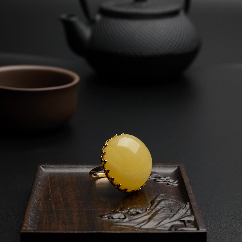 银镀金镶满蜜鸡油黄蜜蜡戒指 - 红掌柜