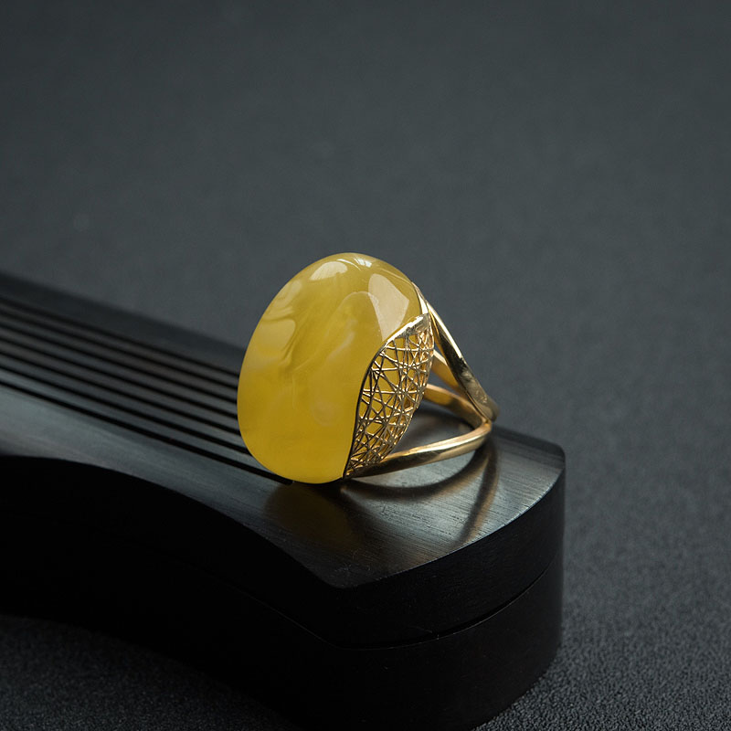 银镶白花蜜蜡戒指 - 红掌柜